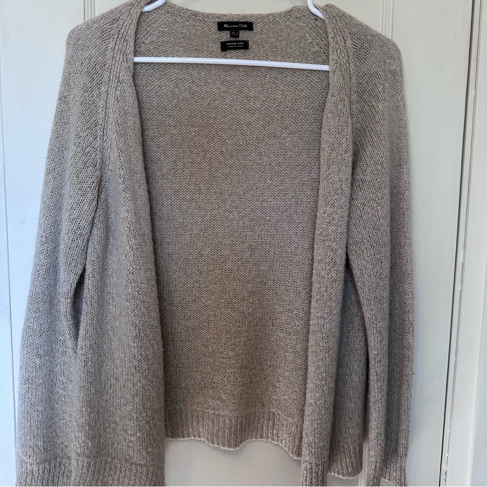 Massimo Dutti Beige with Gold Metallic Open Front Mohair Blend Cardigan